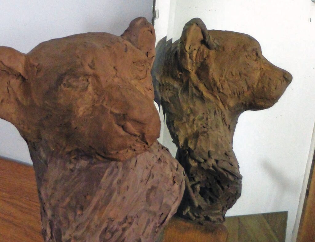 Clay lion sculpture with mirror reflection.