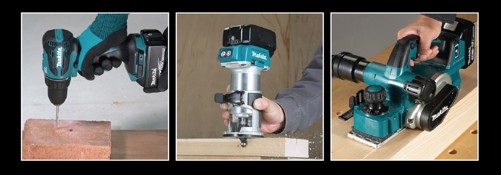 Cordless tools in use on wood and brick.
