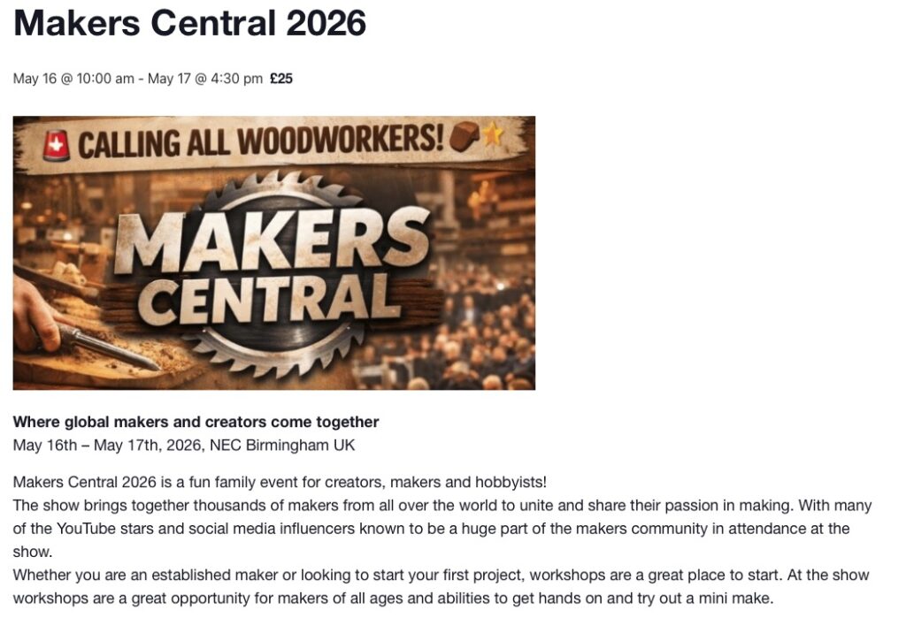 Makers Central 2026 event invitation for woodworkers.