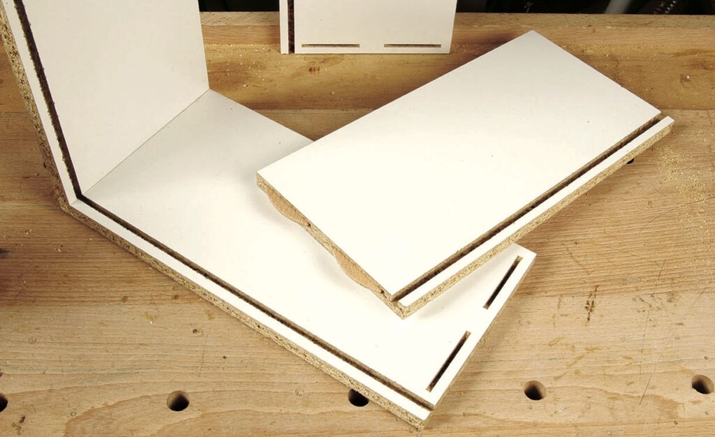 Assembled white melamine-faced chipboard panels