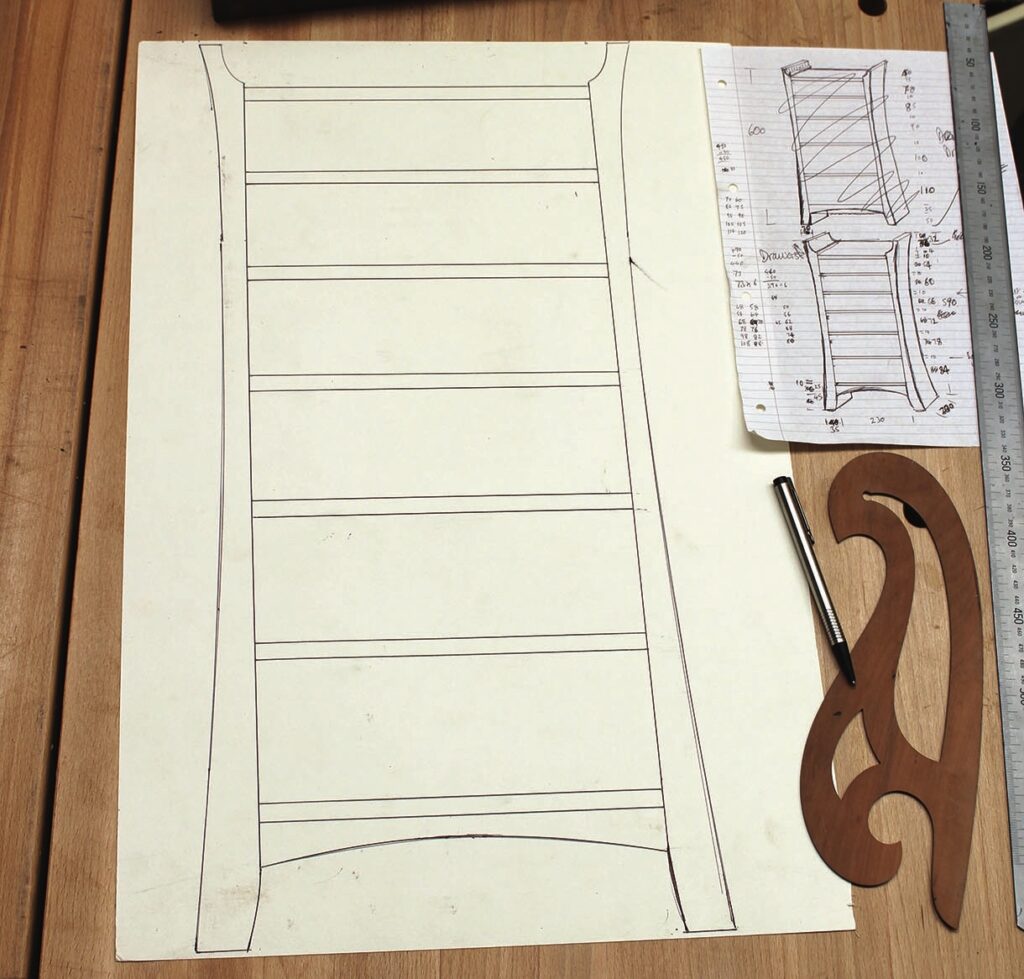 Wooden furniture draft with tools on table