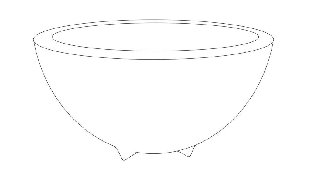 Outline of a round, three-legged bowl.