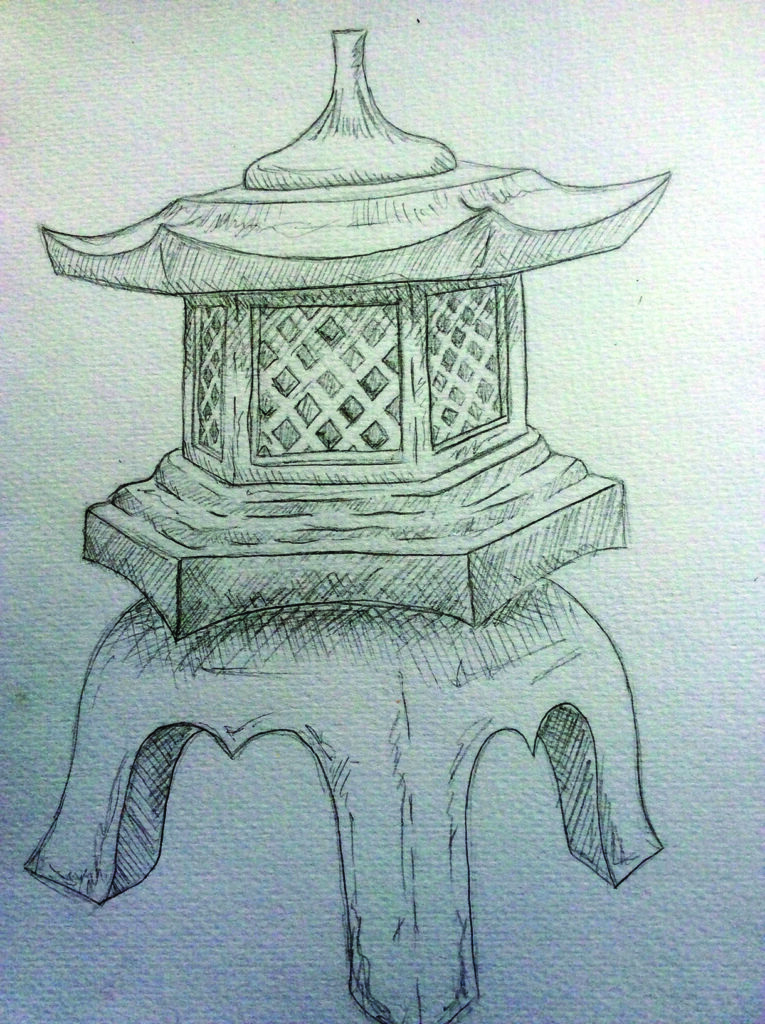 Pencil sketch of a Japanese stone lantern.
