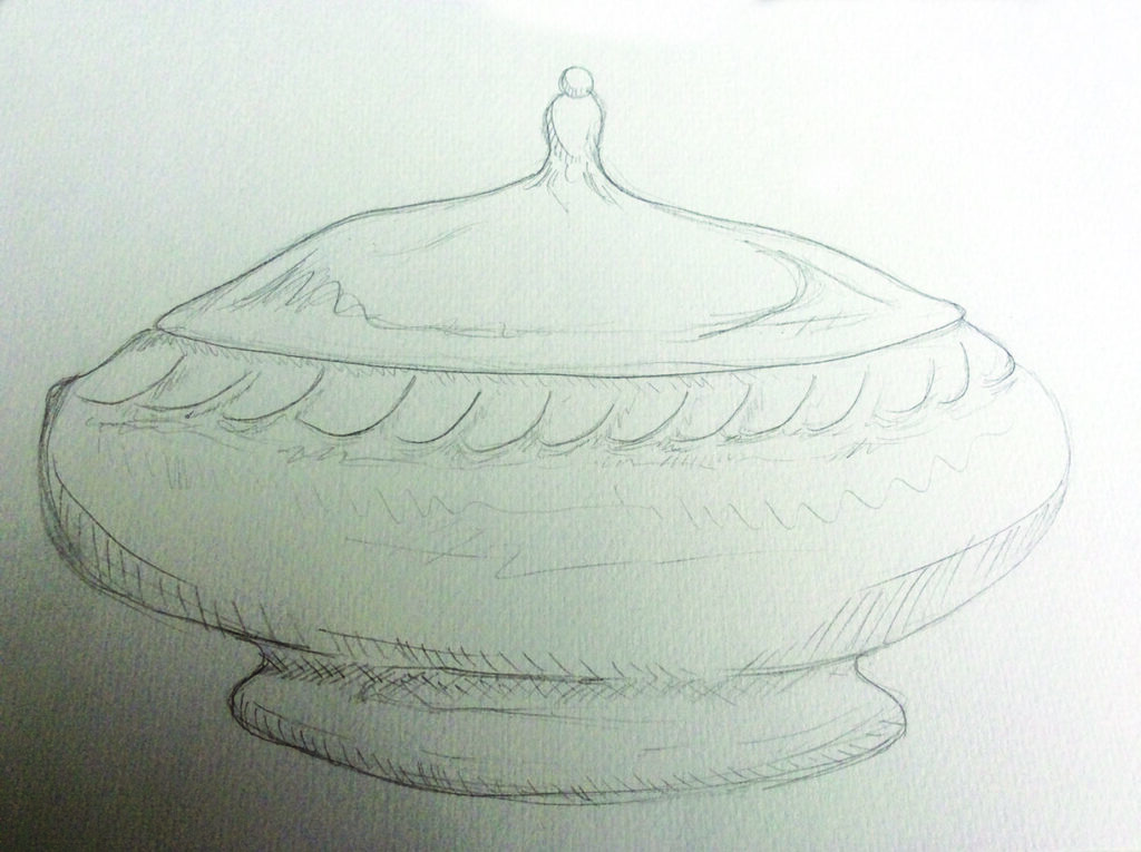 Pencil sketch of a decorative covered bowl.
