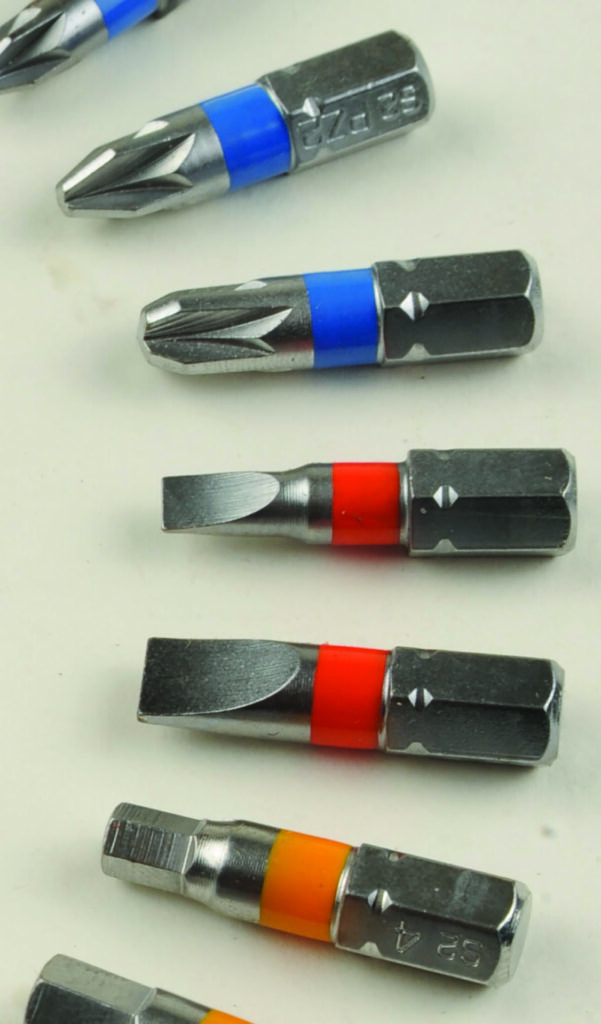 Assorted screwdriver bits with coloured bands