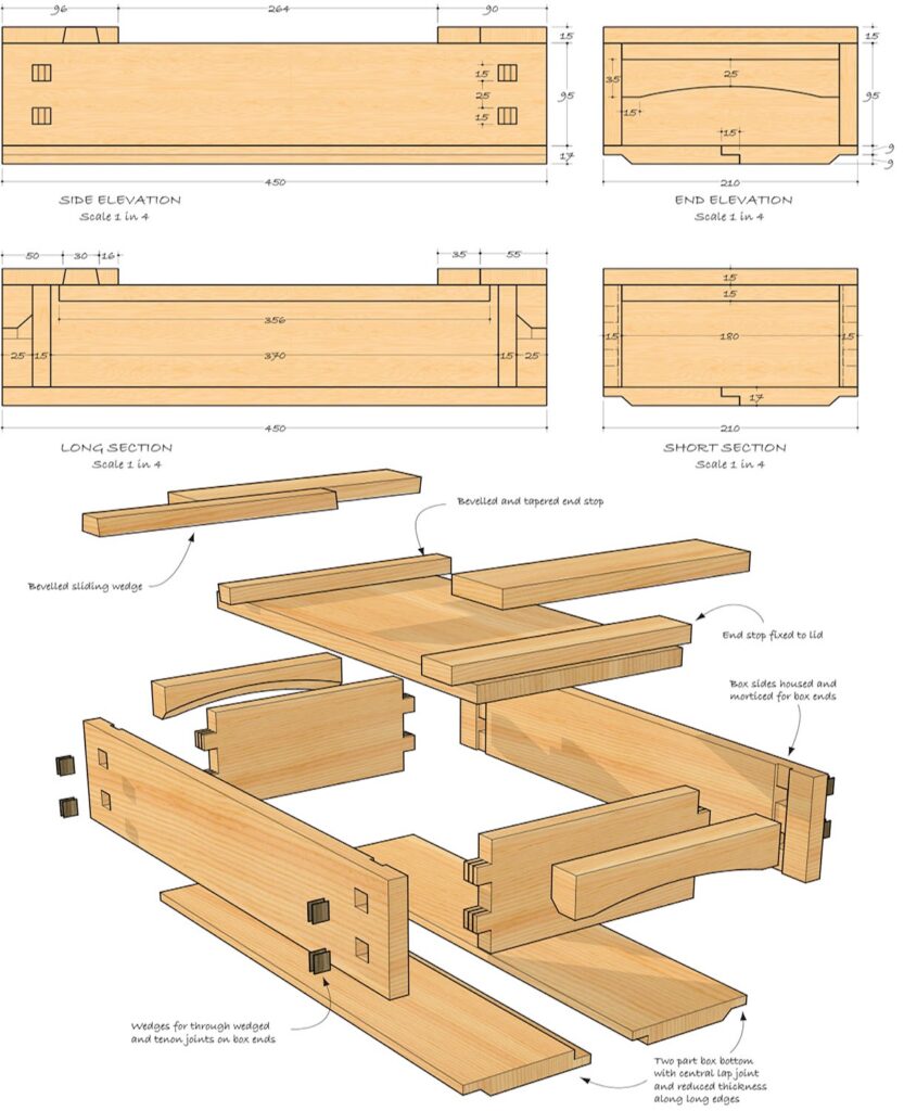 Wooden box assembly diagram with measurements.