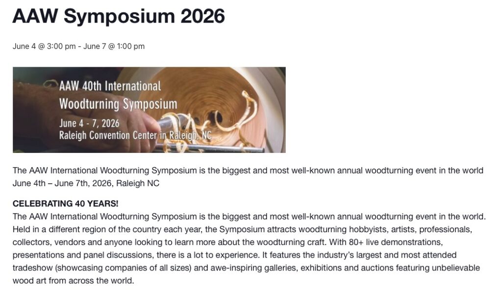 Woodturning Symposium details with spinning wood image.