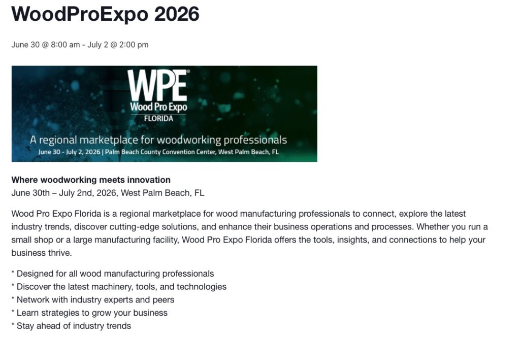 WoodProExpo 2026 event banner, woodworking professionals conference.