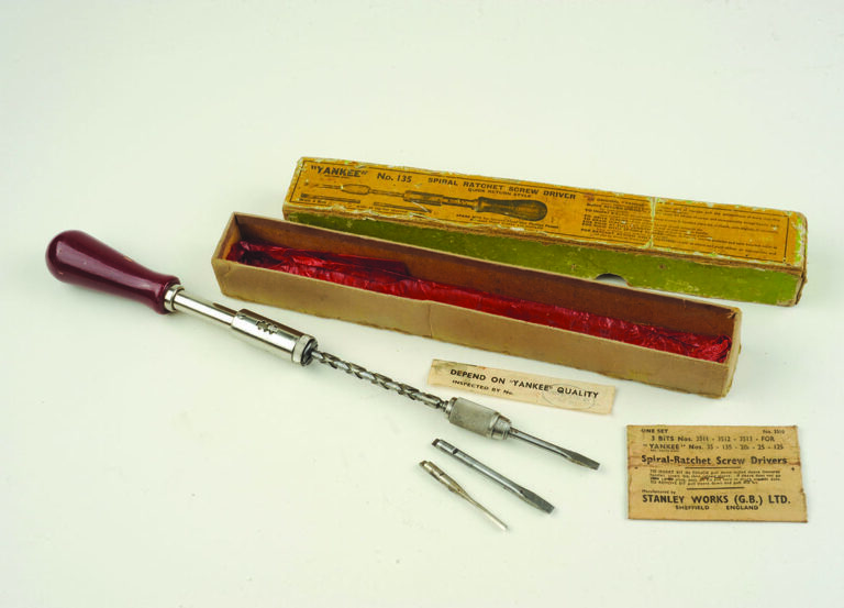 Vintage spiral ratchet screwdriver with box and bits.
