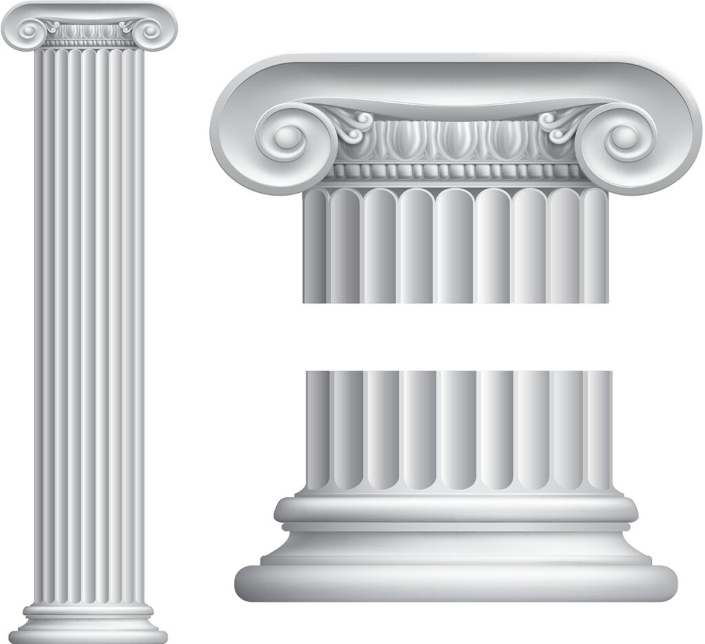Three detailed Ionic column illustrations.