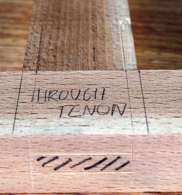 Close-up of a wooden through tenon joint.