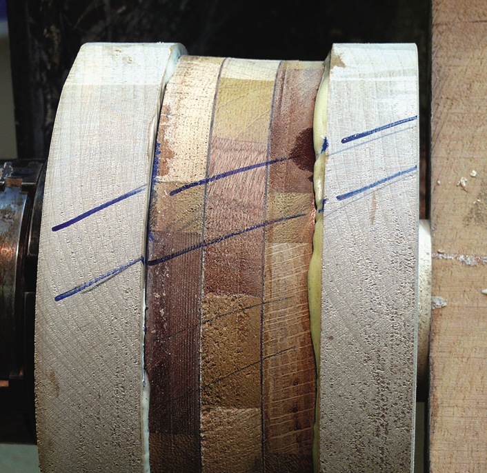 Woodturning lathe preparing segmented bowl