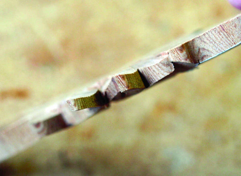 Close-up of a sharpened serrated blade edge.