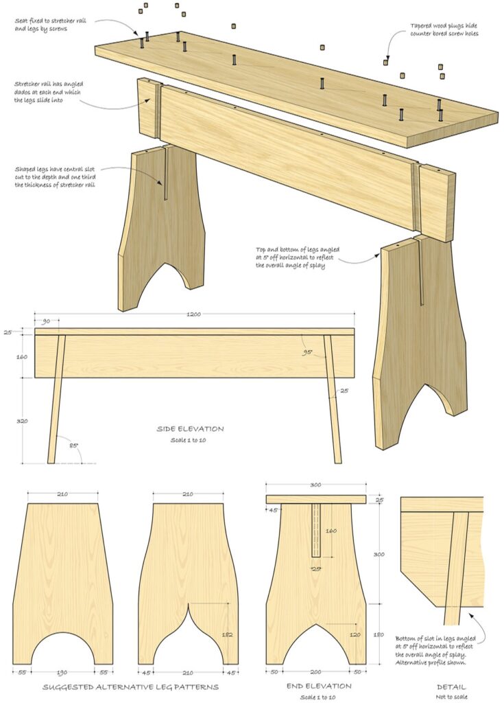 Wooden bench assembly diagram with dimensions and details.
