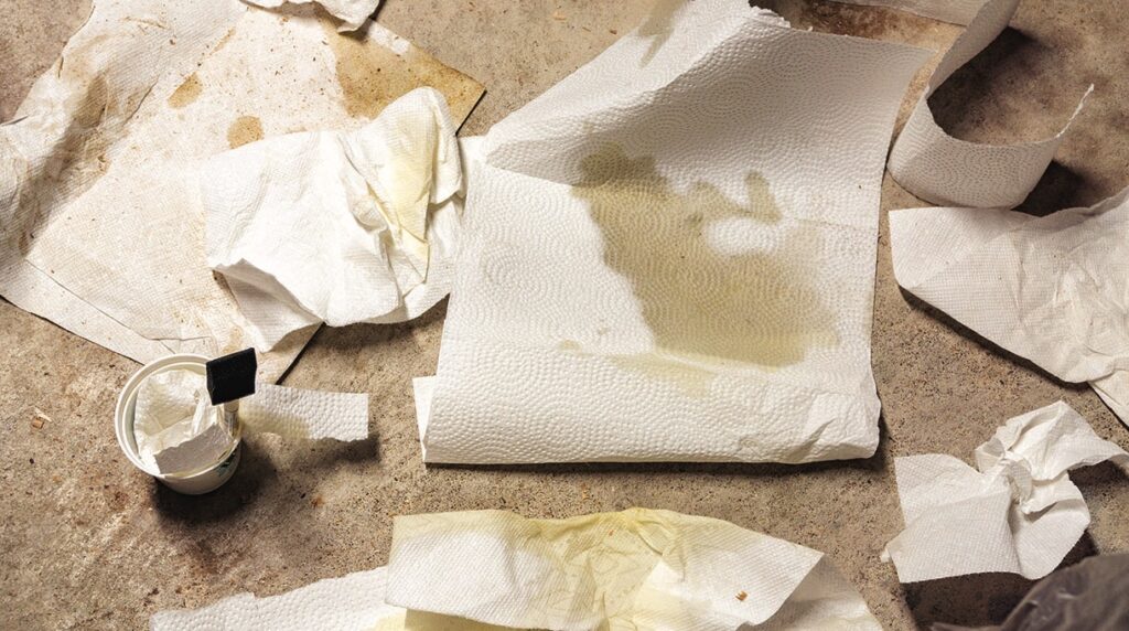 Scattered used paper towels on concrete floor.