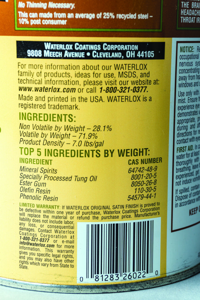 Waterlox product ingredients and contact information label.