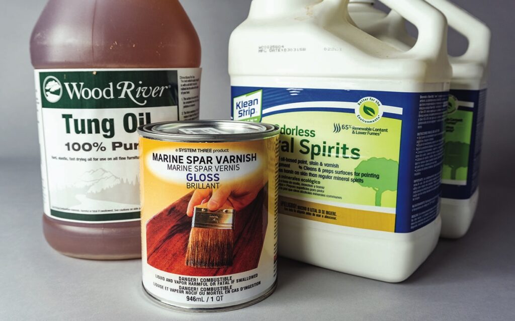 Wood finishes: tung oil, varnish, mineral spirits.
