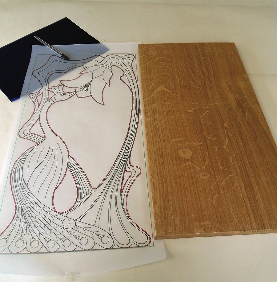 Art Nouveau peacock design on paper and wood