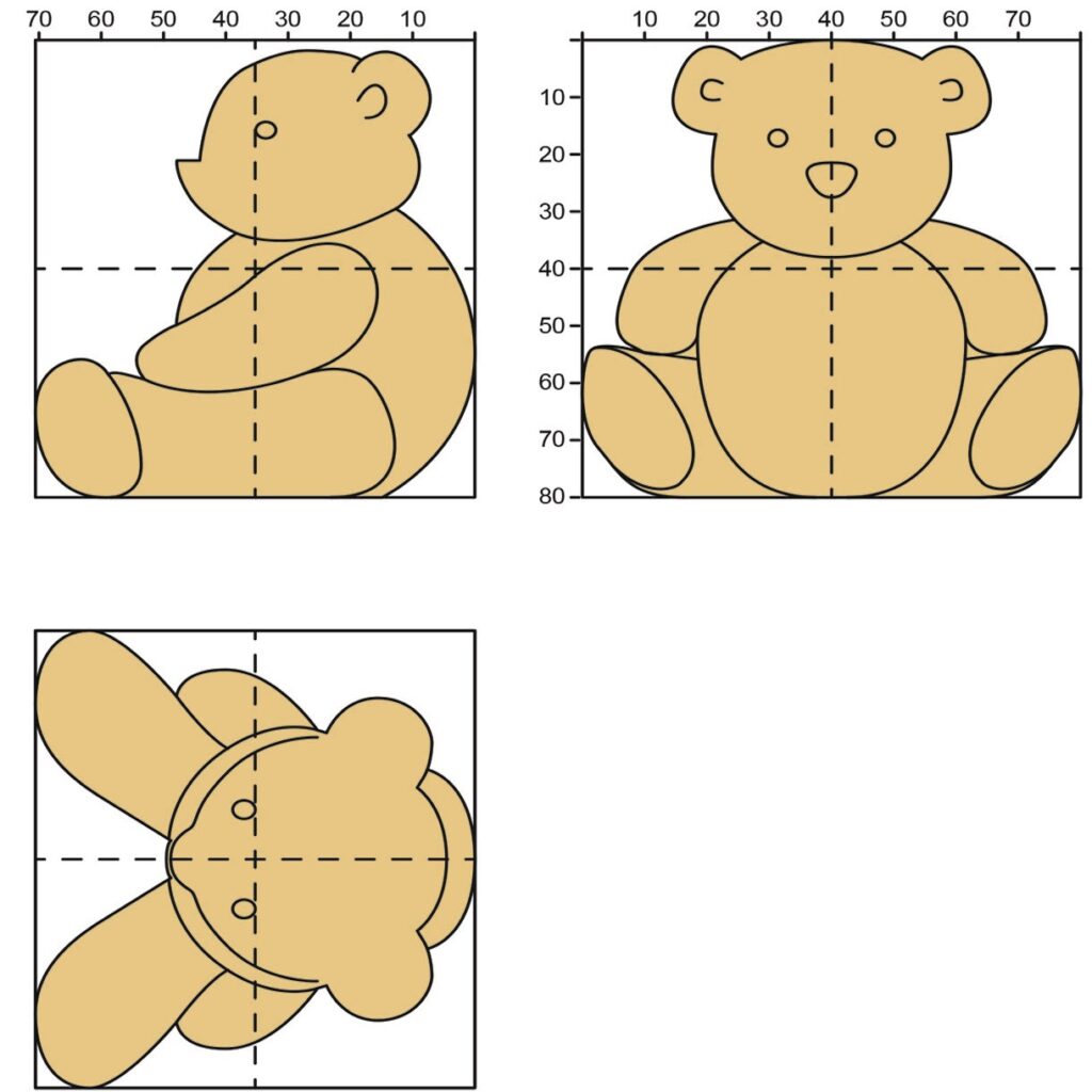 Teddy bear diagrams from different angles with measurements.