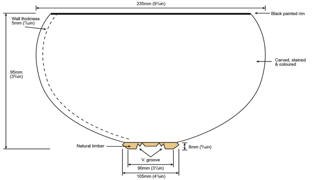Cross-sectional diagram of carved wooden bowl.