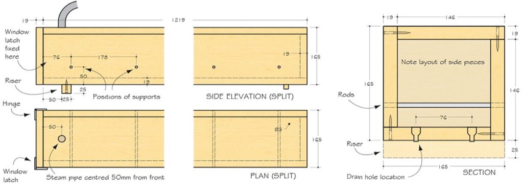 Woodworking chest design plans with measurements and labels.