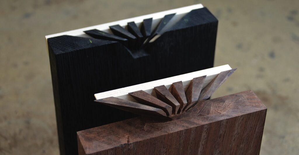 Decorative fan-shaped wood joinery craftwork