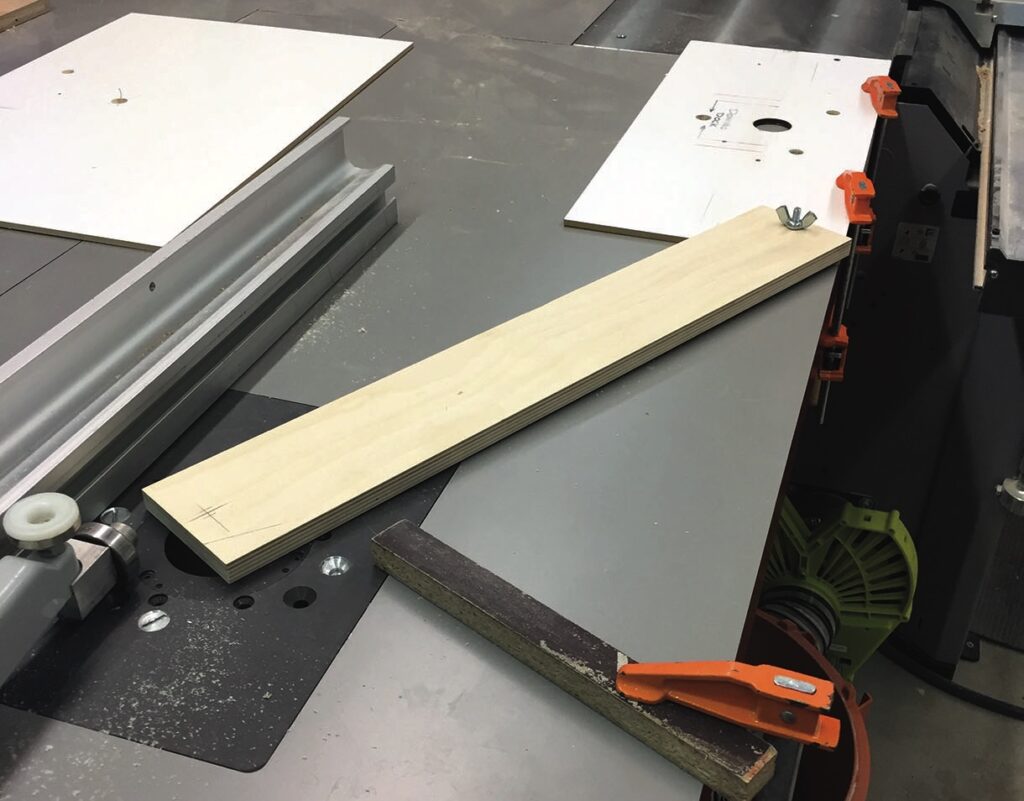 Wood plank on workshop table saw setup.