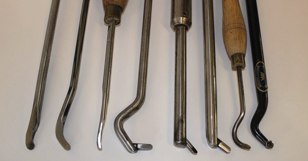 Collection of specialised metal hook tools