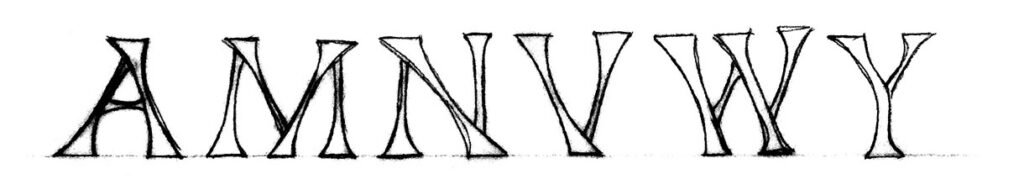 Stylised letters: AMNVVYY in ink sketch
