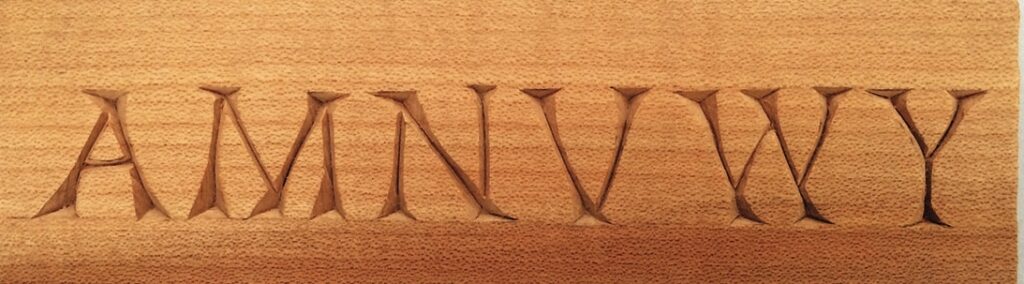Carved letters AMNVVWY on wood surface.