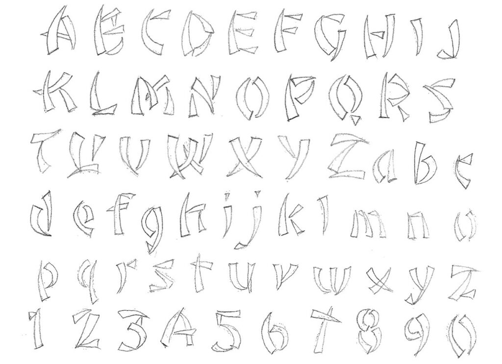 Sketch of alphabet and numbers in unique font.