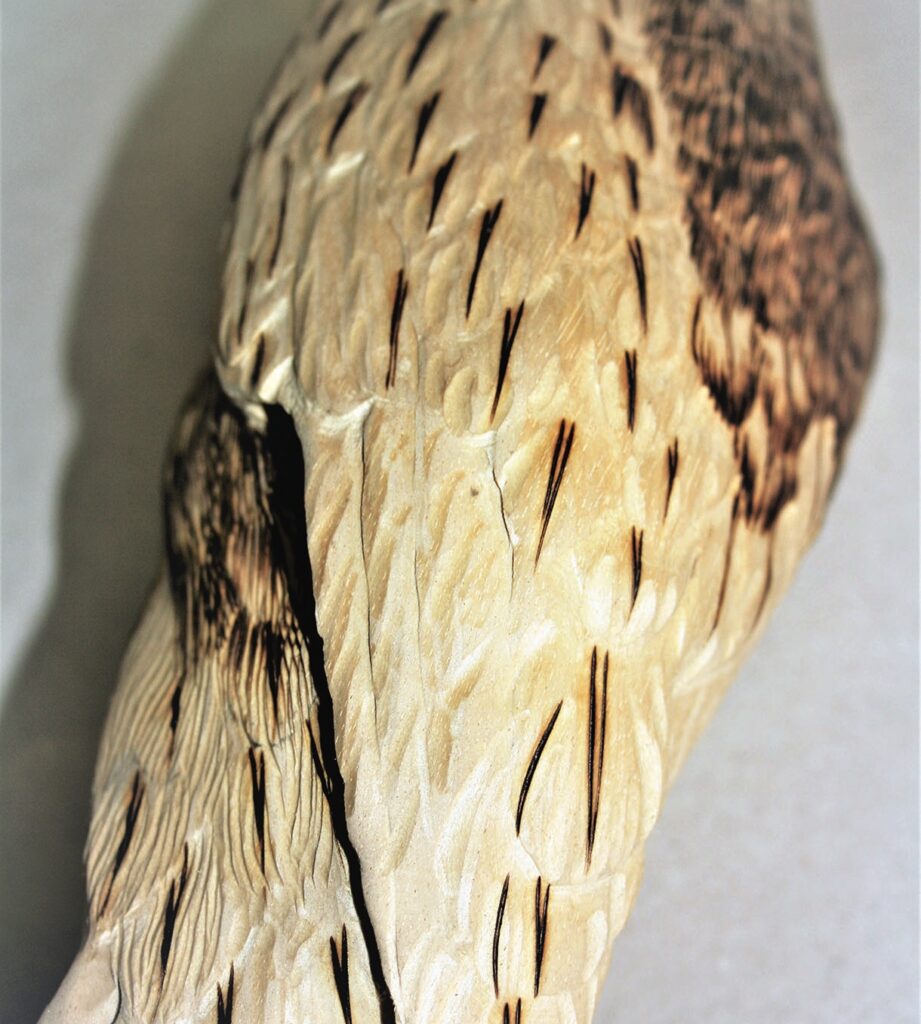 Intricate carved wood sculpture resembling feathers.