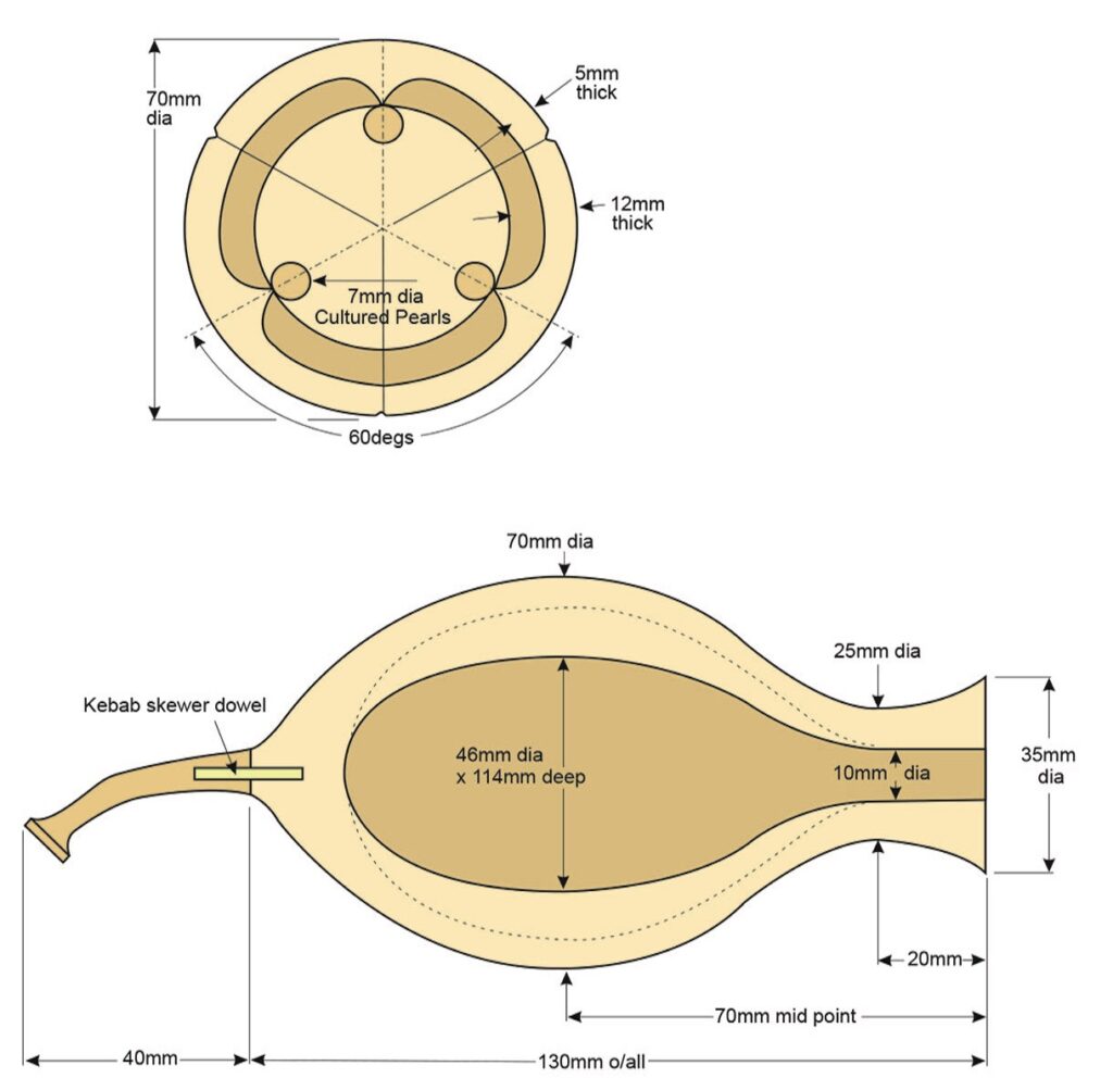 Wooden sculpture with detailed measurements and design elements.