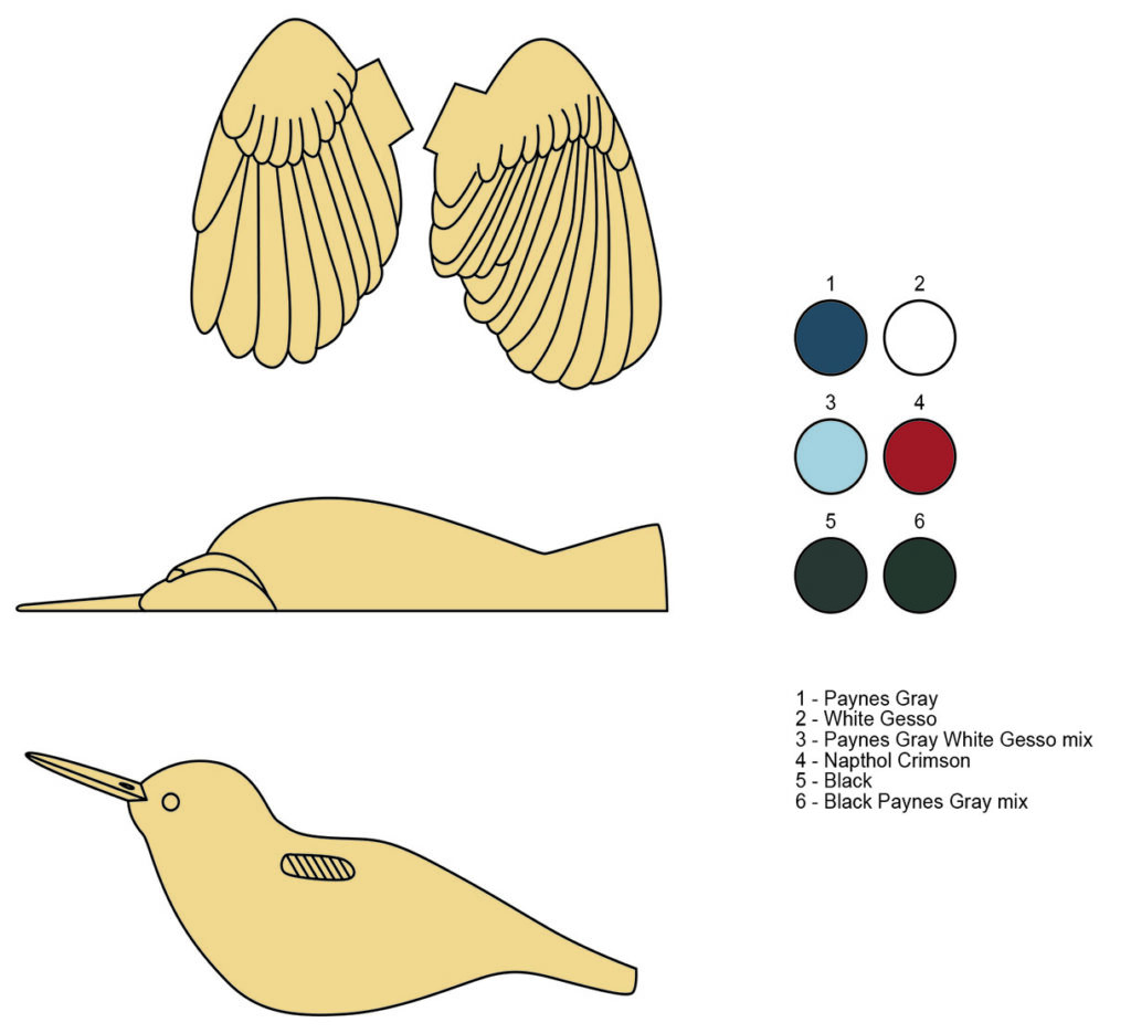 Bird craft template with colour codes.