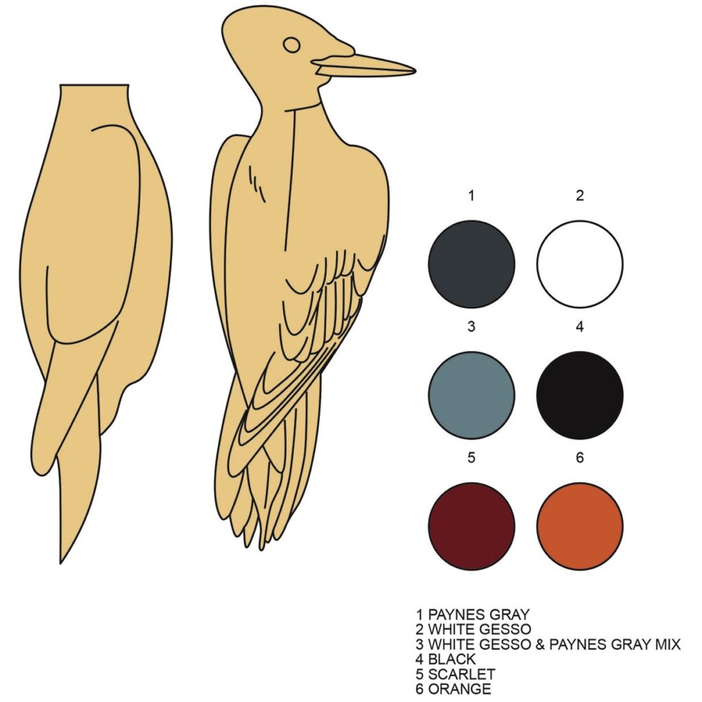 Woodpecker colouring guide with paint suggestions.