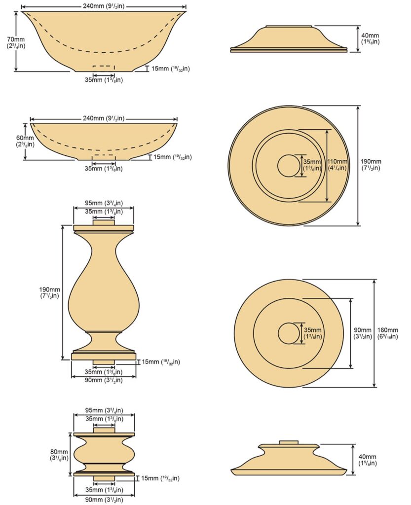Illustrations and measurements of wooden bowl designs.