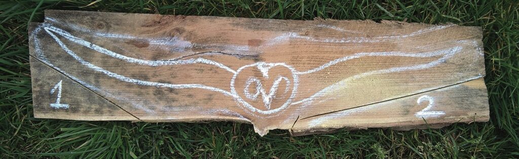 Chalk drawing on wooden board in grass.