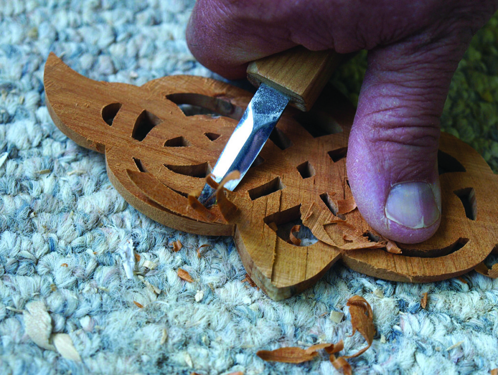 Close-up of wood carving in progress
