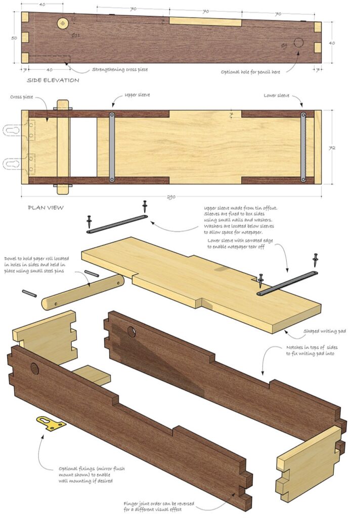 Woodworking diagram of wooden box with detailed instructions.