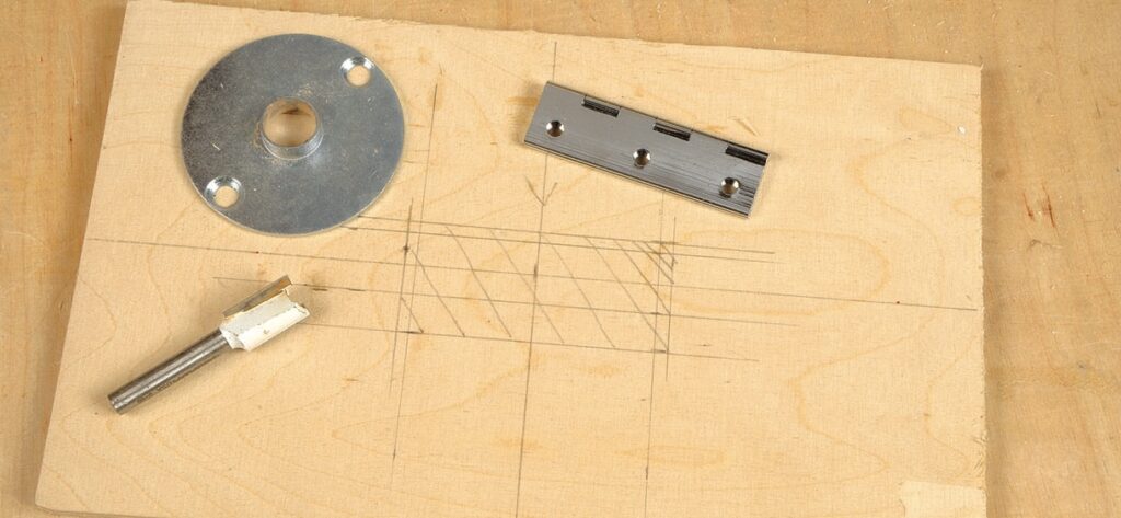 Woodworking tools on wooden board with grid sketch.