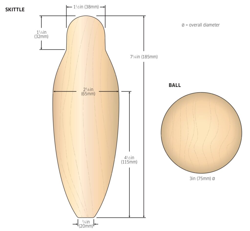 Diagram of skittle pin and ball dimensions.