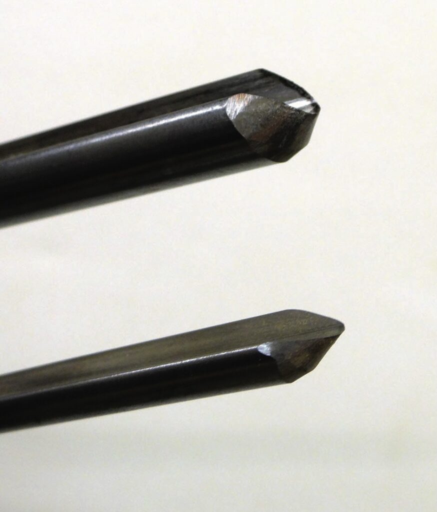 Close-up of two centre drill bits.