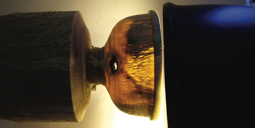 Wood sculpture illuminated from behind, showing texture.