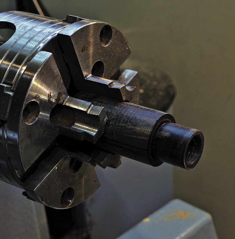 Close-up of a metal woodturning lathe chuck
