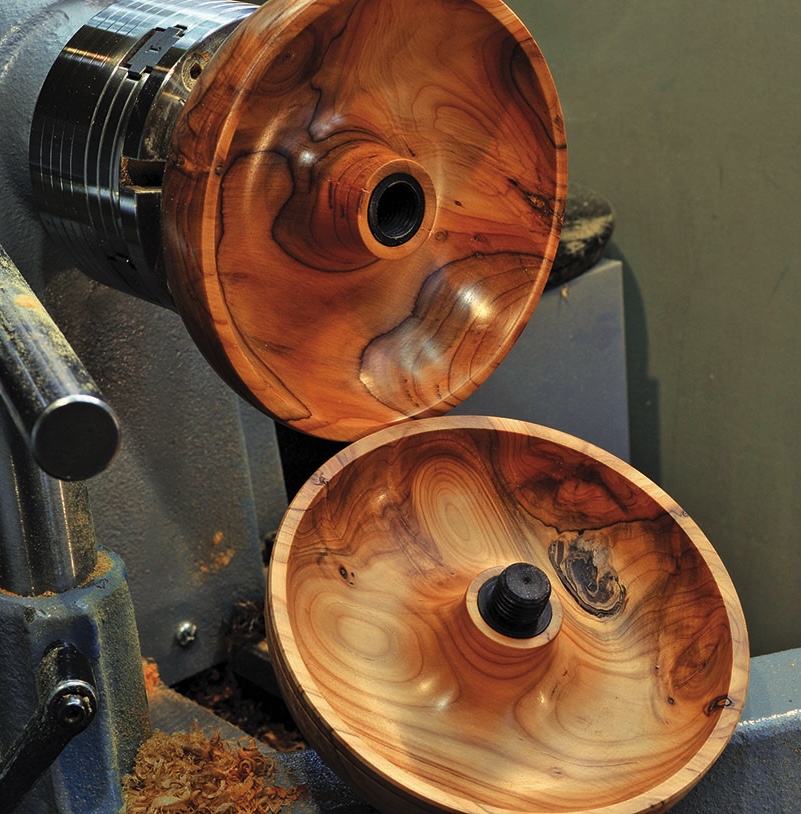 Woodturning lathe crafting a wooden bowl