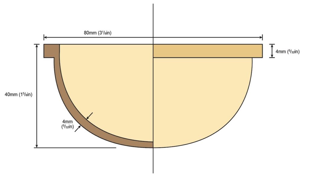 Cross-section of semicircle bowl with measurements