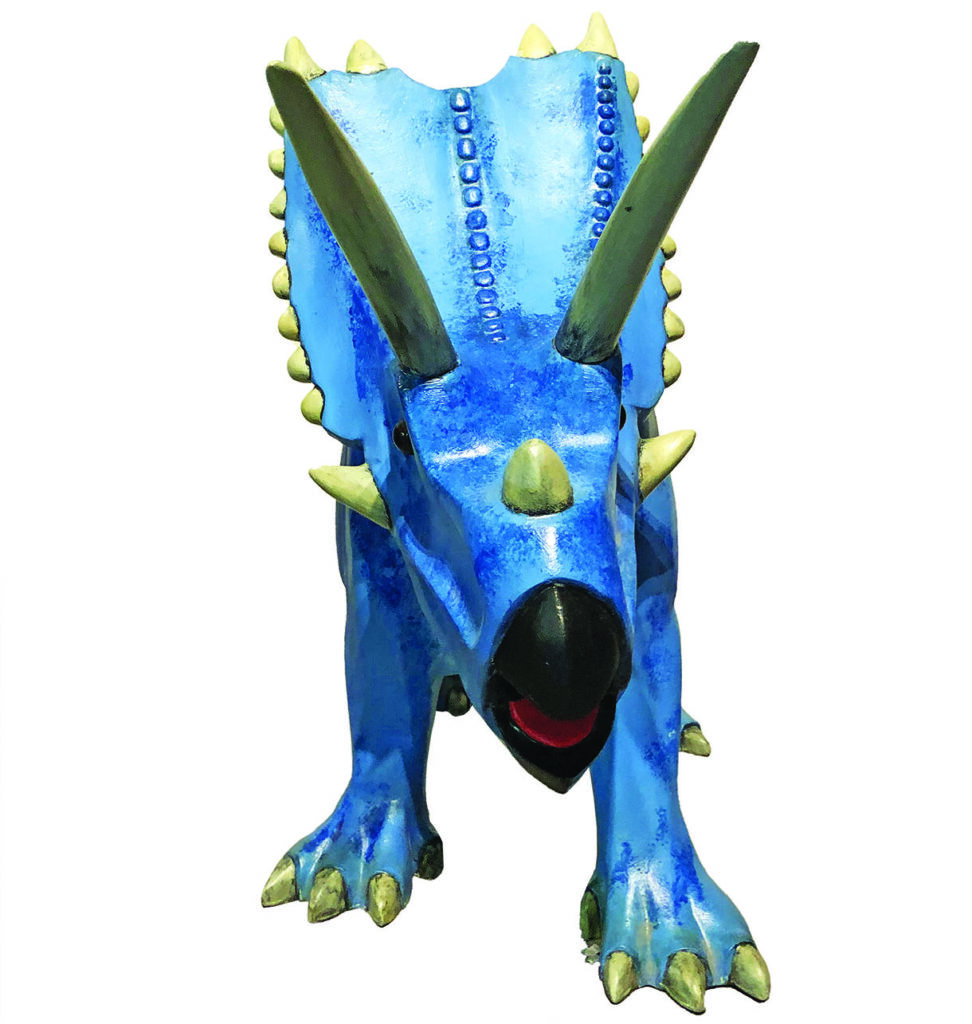 Blue triceratops sculpture with prominent horns.