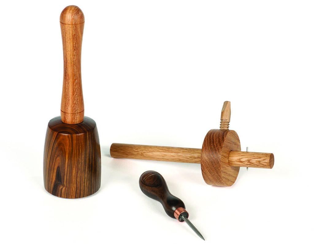 Woodworking tools: mallet, marking gauge, scratch awl.