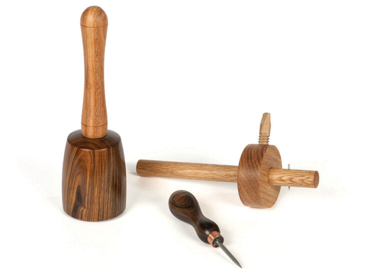 Wooden woodworking tools set on white background.