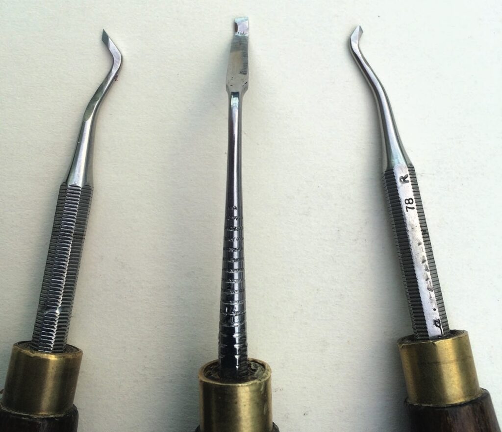 Three dental extraction elevators on a white background.